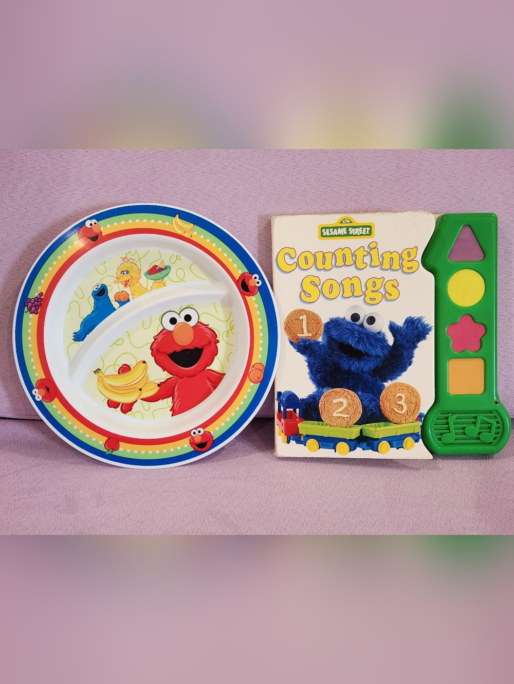 Vtg/y2K Sesame Street Counting Sounds Boardbook & Munchkin Plate Bundle